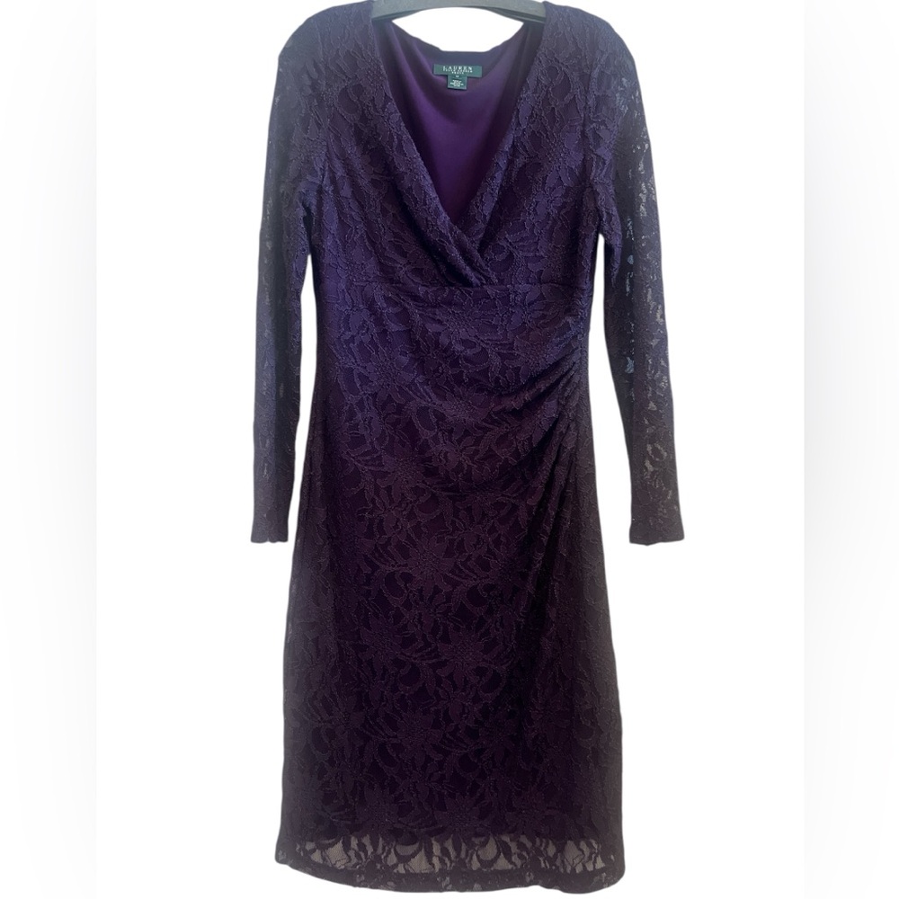 Lauren Ralph Lauren Purple Lace Long Sleeve Midi Dress Size 12